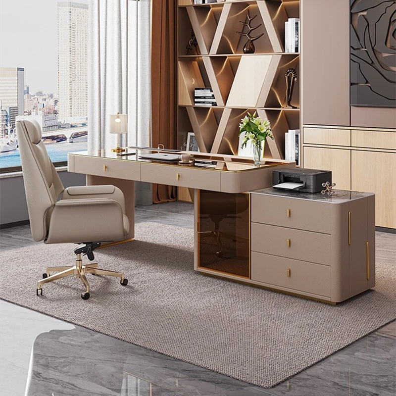 Light luxury desk household computer table rock slab desk high-end corner dresser all solid wood storage cabinet integrated