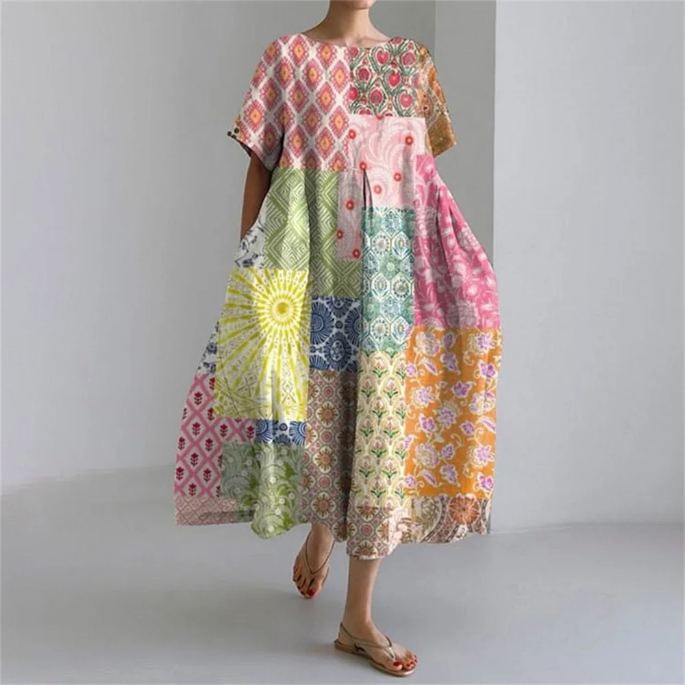 Vintage Totem Print Short Sleeve Elegant Long Dress Ladies Large Size Round Neck Pocket Dress Summer New Daily Casual Dress