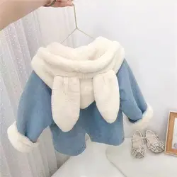 Autumn and Winter Girls' Rabbit Ears with Velvet Thickened Cowboy Coat New Children's Baby Imitation Rabbit Hair Warm Coat