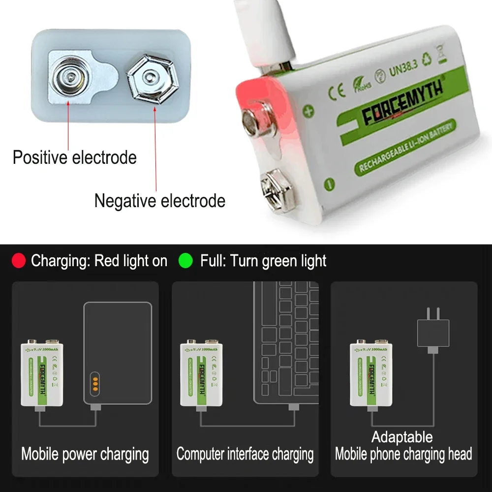 Nuovo 100% originale 9V 1000mAh batteria agli ioni di litio a ricarica rapida USB TYPE-C per microfono, telecomando giocattolo, allarme + cavo dati