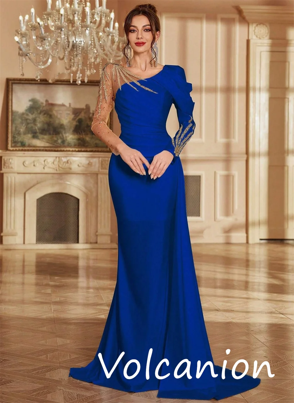 Customized Sparkle Exquisite Jersey Sequined Pleat Trumpet Scoop Neck Long Dresses Bespoke Occasion Simple