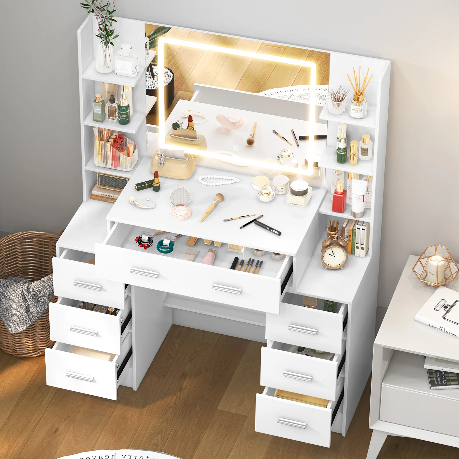 White Makeup Vanity Desk with LED Light And Mirror 7 Drawers Dressing Table for Bedroom