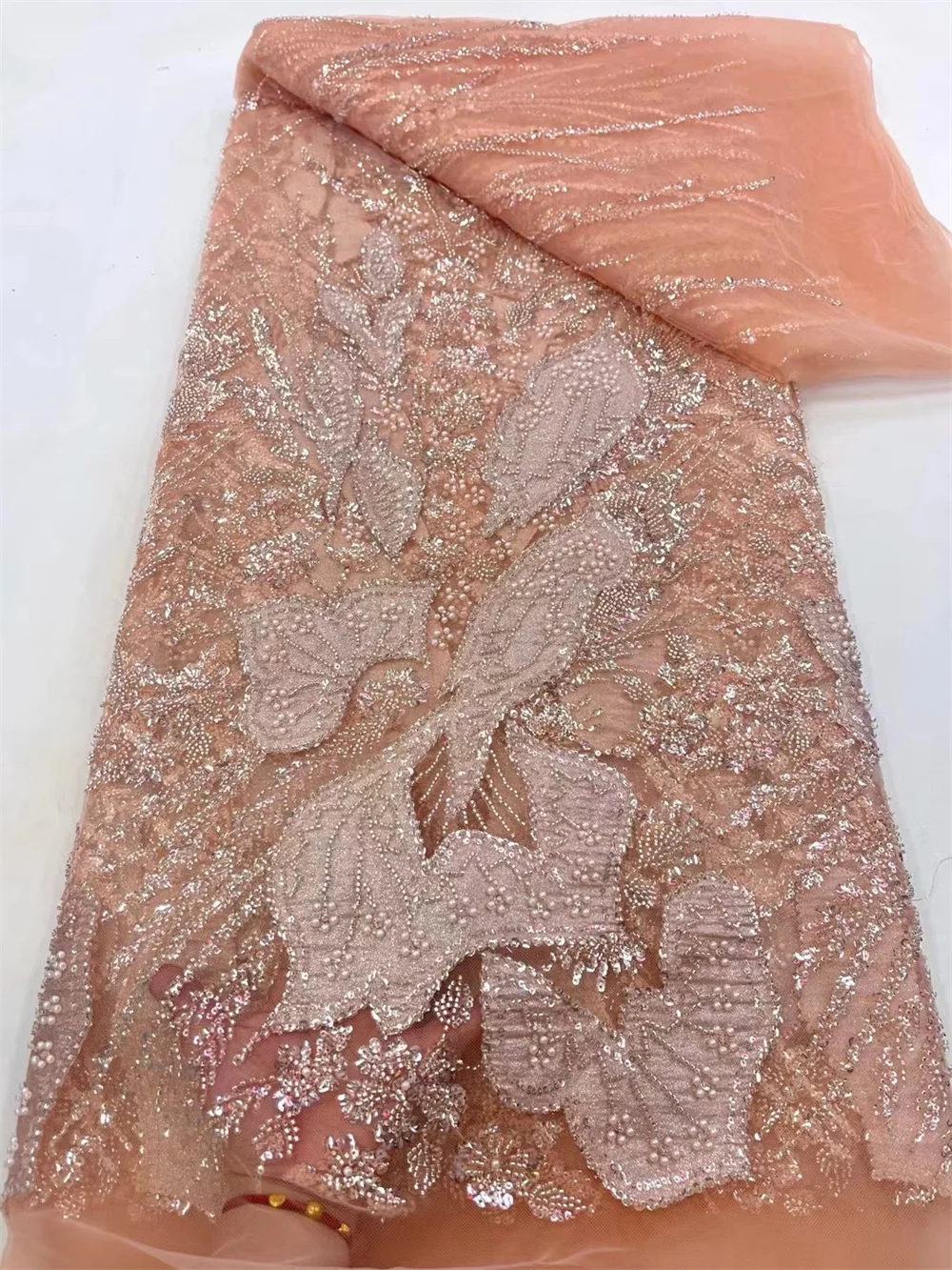 2024 Latest Nigerian Sequins Lace Fabric Hand Beaded Lace Fabric Luxury French Embroidery Beads Lace Fabric For Wedding 5y A55-3