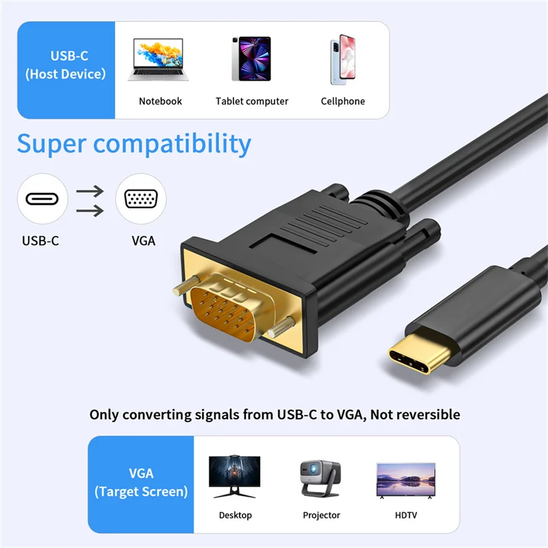 USB Type C 3.1 to VGA Adapter Cable 1080P Type-C Male to VGA Male Video Converter Cable For HDTV Projector Laptop Monitor 1/1.8M