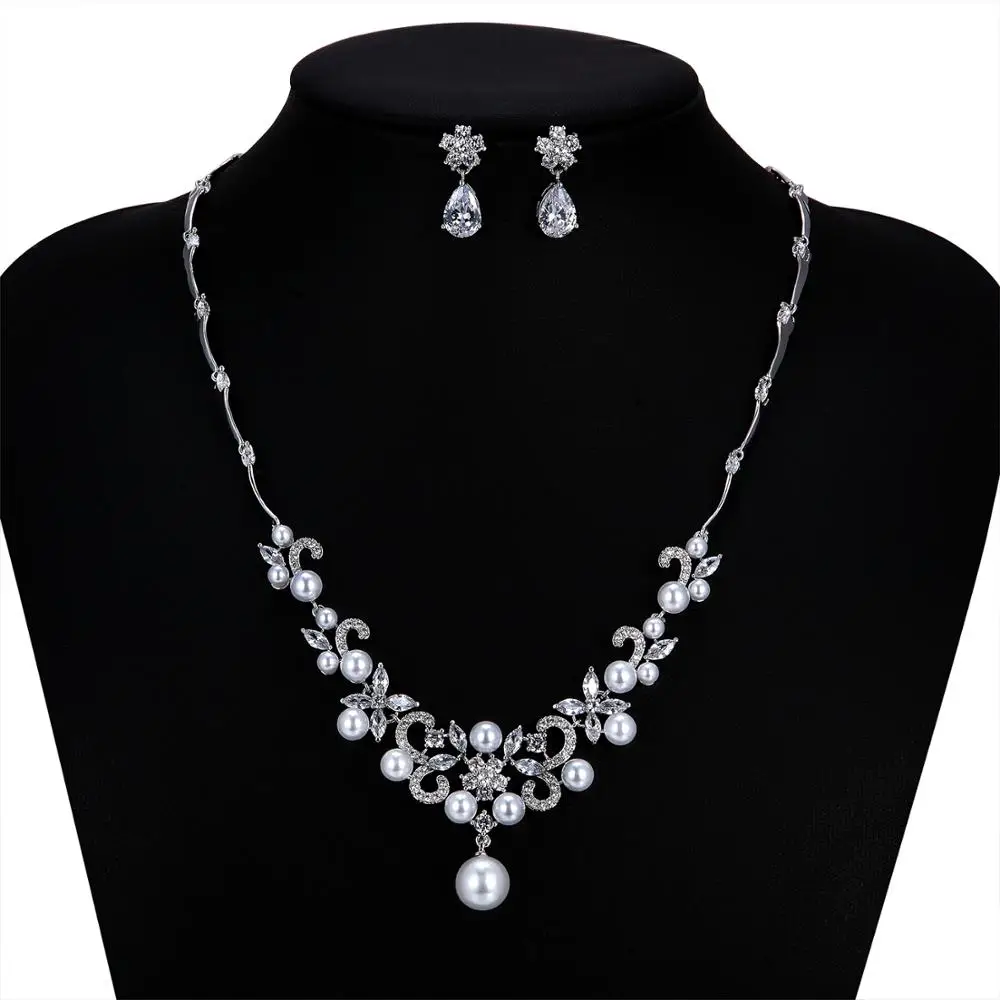 Pearls Bridal Wedding Leaves Necklace Earring Set with 5A CZ Cubic Zirconia ,Jewelry Sets for Women Prom Jewelry Accessories