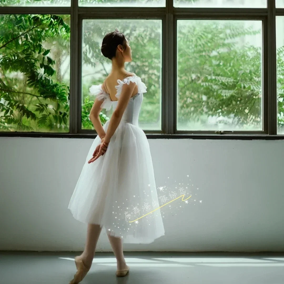 Falda de tutú de Ballet para niñas y niños, vestido de baile profesional, traje largo de hadas, blanco, competición para adultos