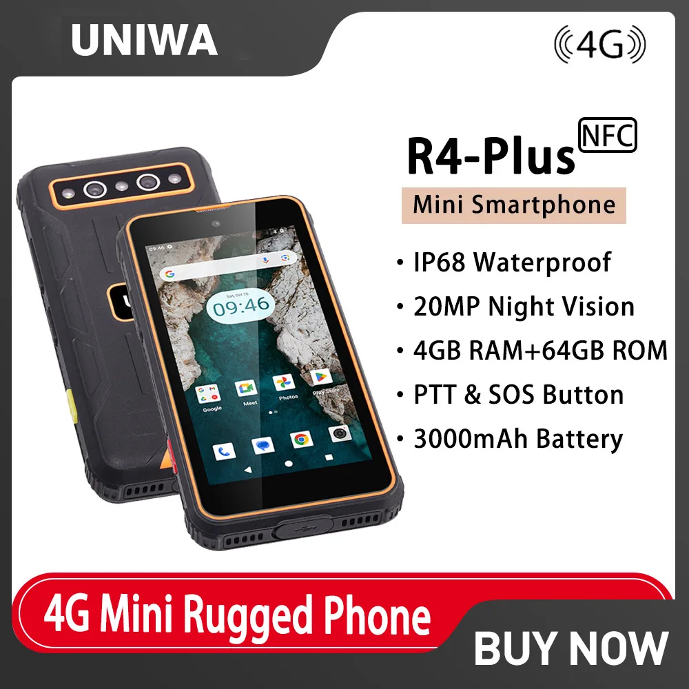 UNIWA R4 PLUS 4G 안드로이드 폰 4GB RAM+64GB ROM 4인치 NFC 스마트폰 야간 투시 카메라 3000mAh 방수 미니폰 OTG PTT