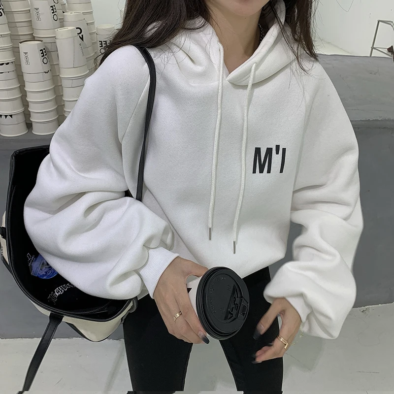 Letter Printing Hoodies Women High Street ThickeningThicker Outwear Stylish Loose All-match Hooded Sweatshirts Teens Vintage