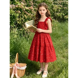 Kids Dresses for Girls 5-12T Red Lace Square Neck Polka Dot Dress New Summer Fashion Baby Princess Wedding Party Gift Costume