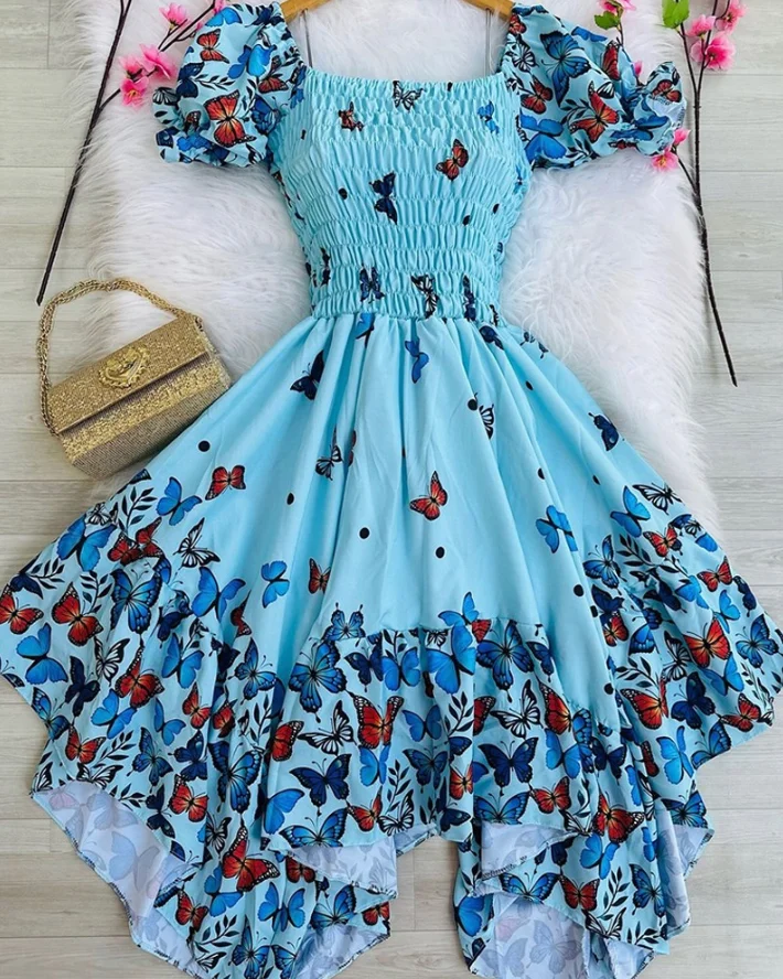 

New Fashion 2025 Summer Butterfly Print Off The Shoulder Waist Asymmetrical Hem Dress Casual Shirred A Line Mini Vacation Dress