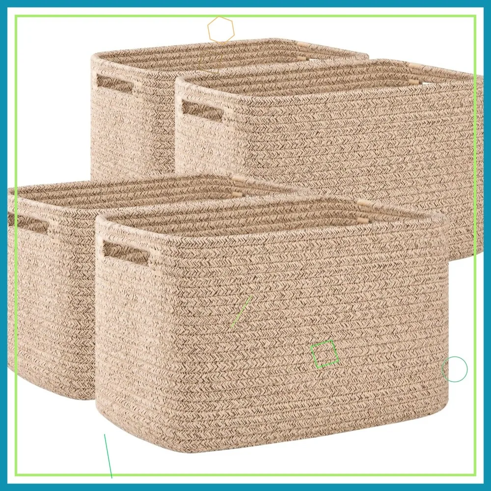 

Набор из 4 корзин для хранения с ручками, плетеные органайзеры для полок, коричневые, прямоугольные, 12,7x9x7,8 дюймов