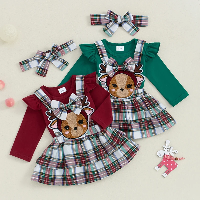 

0-18M Baby Girls Christmas 3Pieces Outfits Set Long Sleeve Rompera + Plaid Suspender Skirt + Bow Headband Suit Newborn Clothes