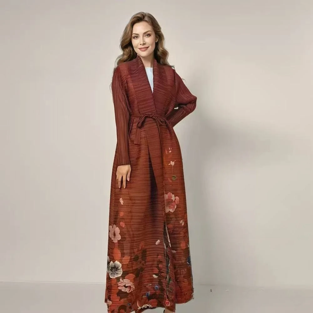 2025 Miyake Fashion Printed Cardigan Jacket Women's High-end Waist Long-sleeved Cardigan Pleated Long Trench Coat Jacket
