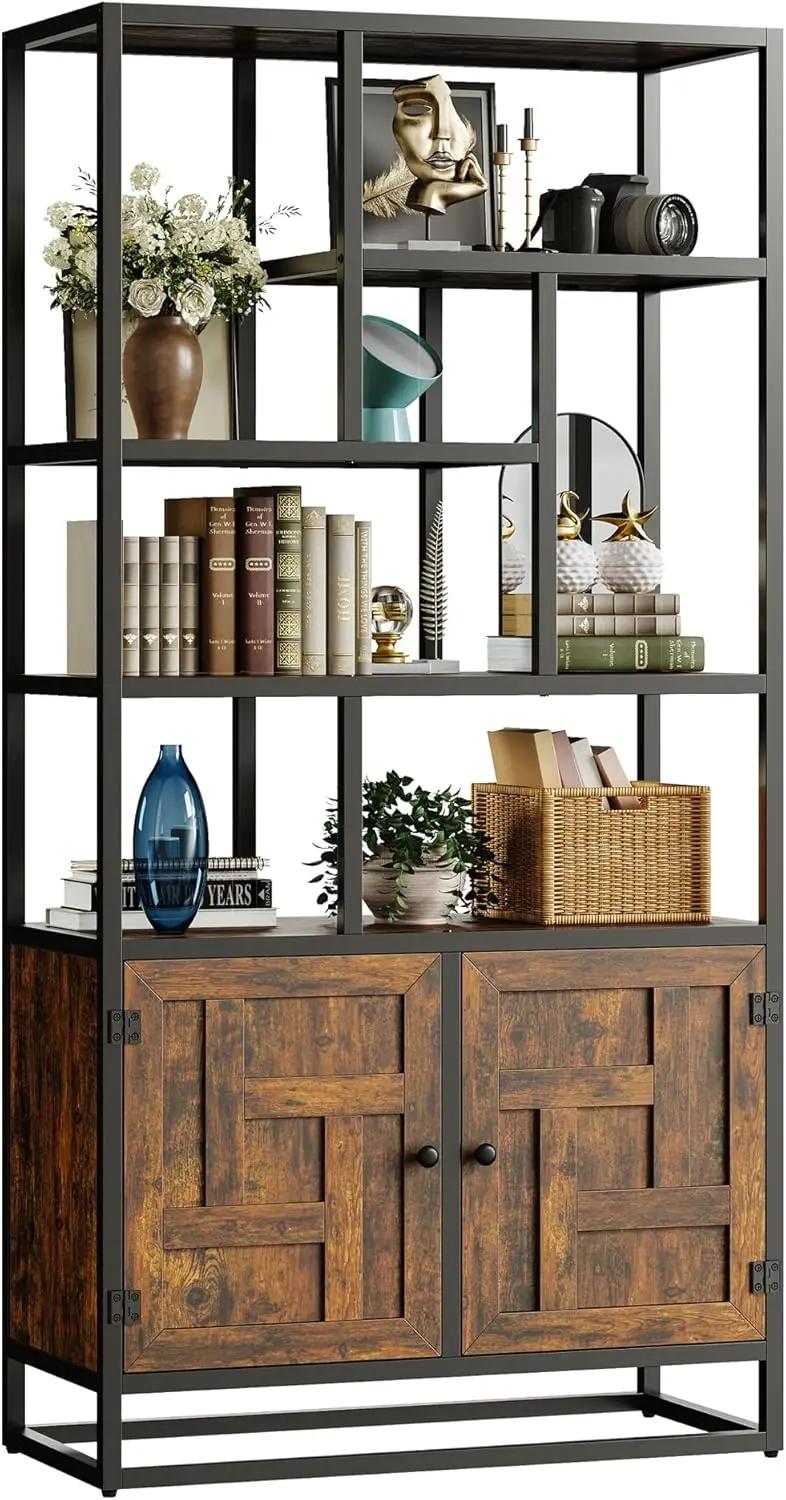 أرفف كتب وخزائن كتب من IRONCK، رف كتب عريض 35.4 بوصة مع أبواب، رف كتب طويل 6 طبقات هندسي مع خزانة تخزين #6