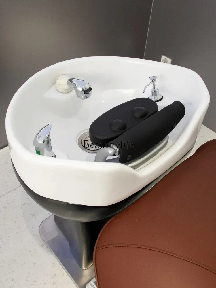 Lavabo eléctrico de cerámica para peluquería, lavabo para estación de lavado de cabello, cama de champú de elevación media