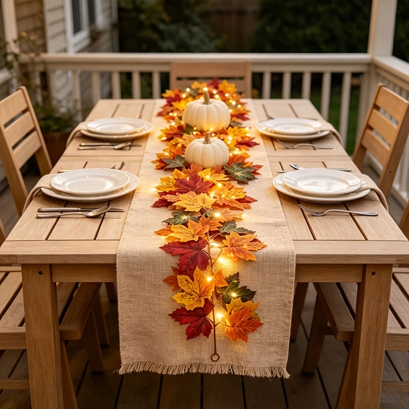 1 m lange Herbst-Ahornblattgirlande mit Lichtern, künstliche Herbstblätter-Ranke, hängende Girlande für Thanksgiving, Halloween und Weihnachtsdekoration – Detail 1