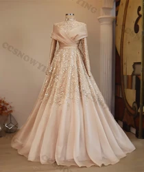 Appliqus Beaded Organza Muslim Evening Dresses Long Sleeve Hijab Islamic Formal Party Gowns Women Arabic Dubai Moroccan Caftan