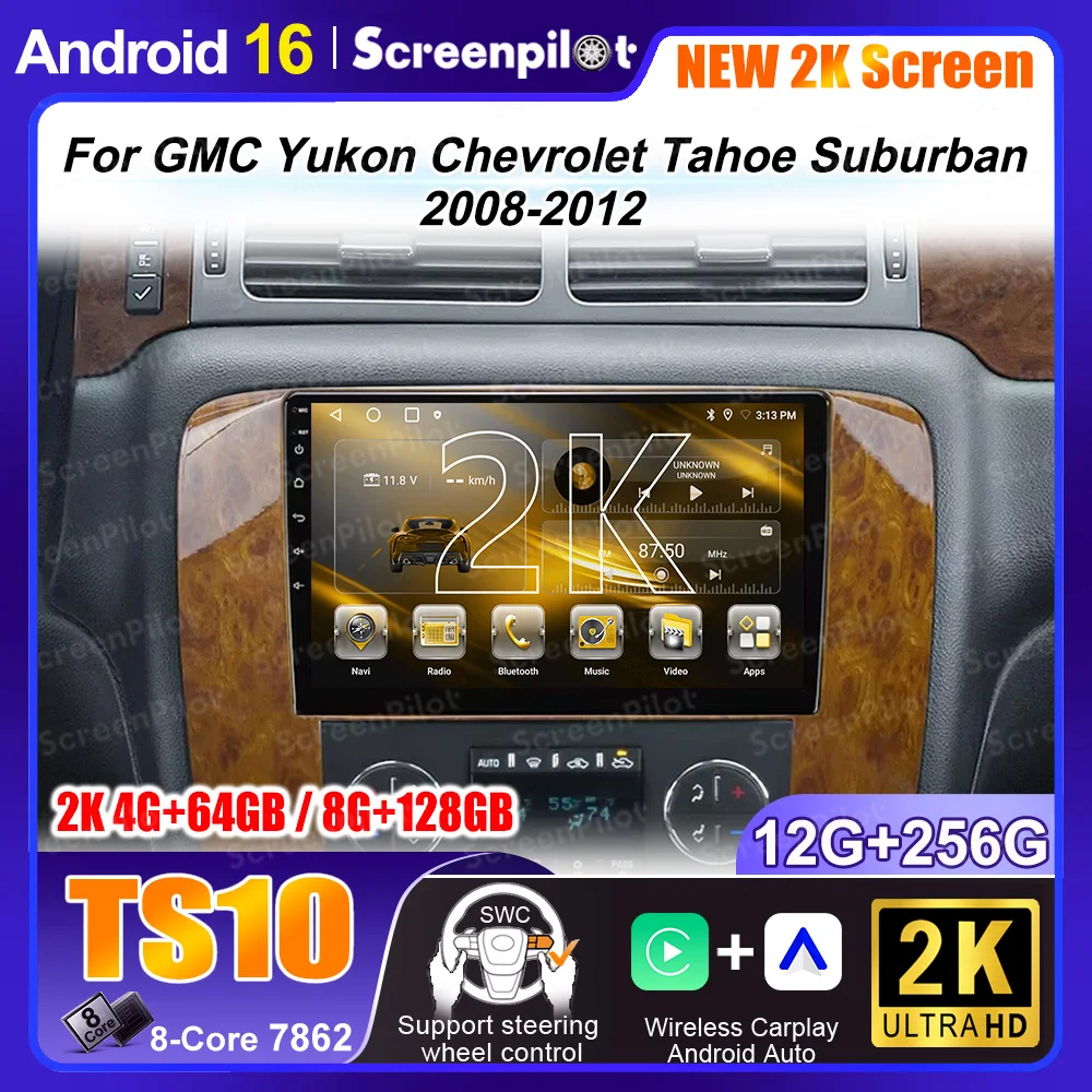 Radio con GPS para Auto Android 16 para GMC Yukon Chevrolet Tahoe Suburban 2008-2012, Reproductor Multimedia, Unidad Principal Estéreo, Pantalla QLED
