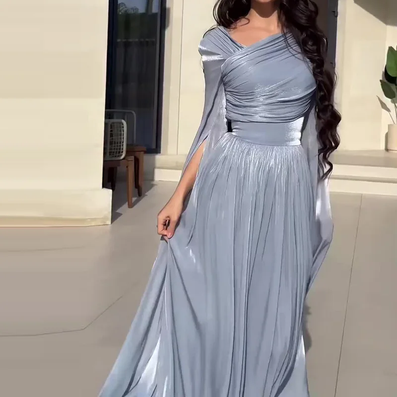 Elegant Slant Shoulder Draped Gowns Dress Casual Split Long Sleeve Solid Party Dress Women Fashion Hight Waist Slim Long Dress - Image 5