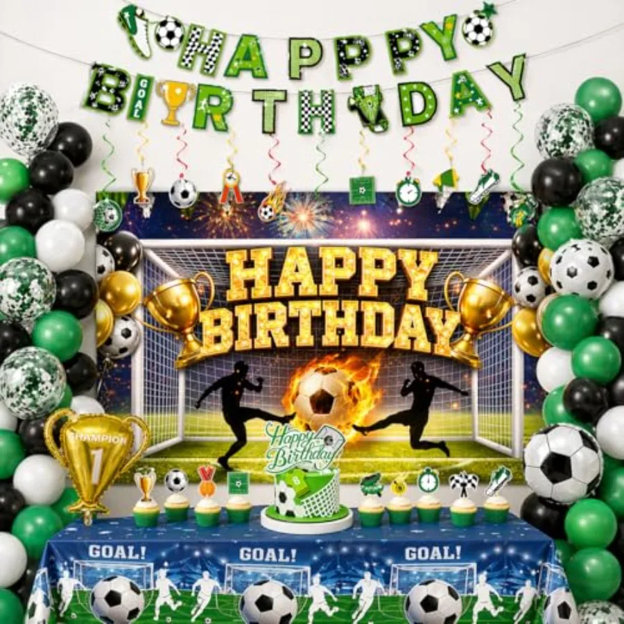 

Soccer Birthday Party Decorations Set, Soccer Party Supplies with 6 x 4 ft Backdrop, 108 x 54 in Tablecloth, Green Black Balloo