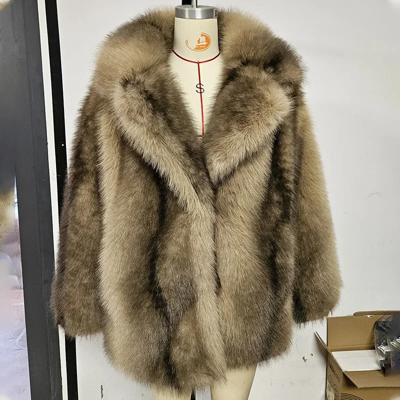 2025 Winter Women‘s Luxurious Lapel Faux Fur Coat, Long Sleeve Pocket Thickened Jacket, Warm Street Style Coat