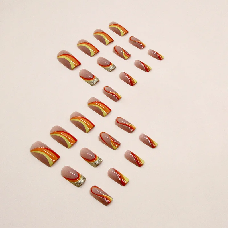 24 stuks Sunset Wave Press-On Nails - Rood/Geel/Oranje Glitter Ombré Lange Ballet Vorm Tropische Luxe Stijl