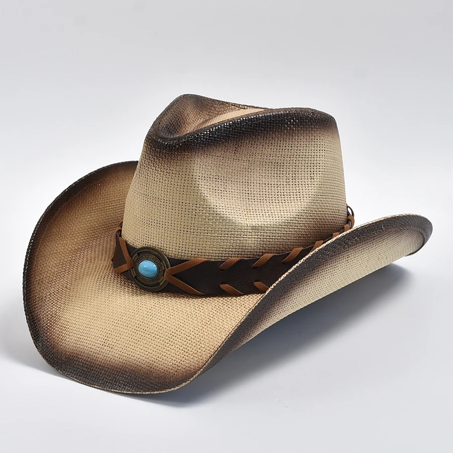 

Cowboy Style Straw Hat for Men's and Women's Curled Edge Vintage Sun Shield Hat Summer Holiday Beach Hat