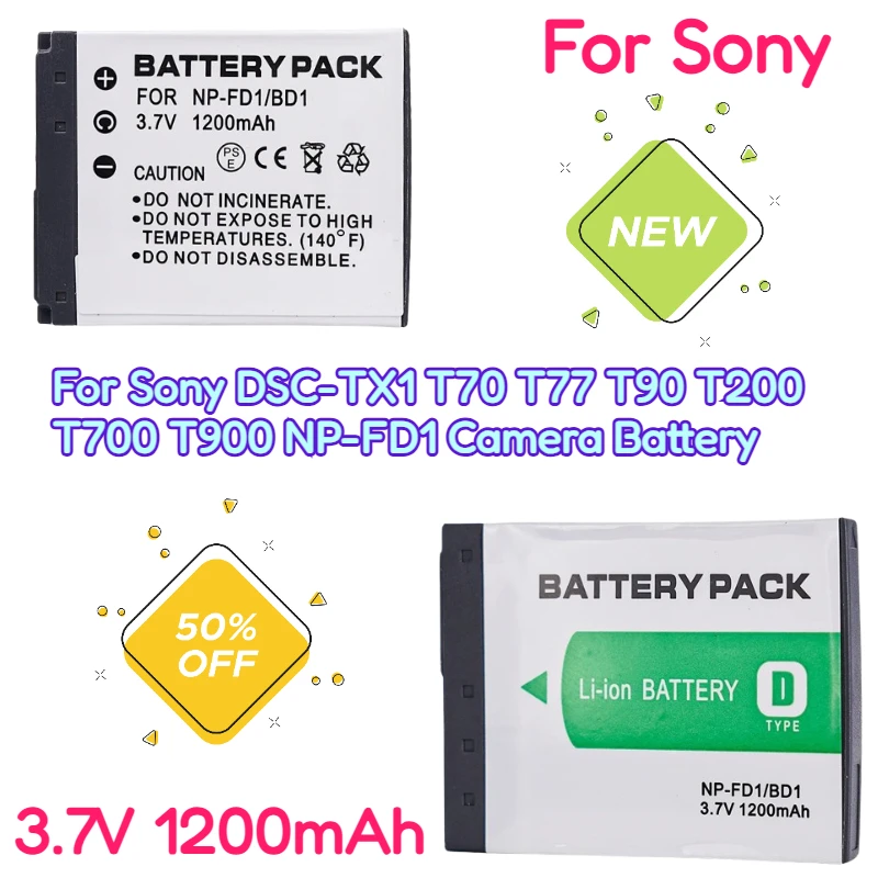 

3.7V 1200mAh NP-BD1 for Sony DSC-TX1 T70 T77 T90 T200 T700 T900 NP-FD1 Camera Battery