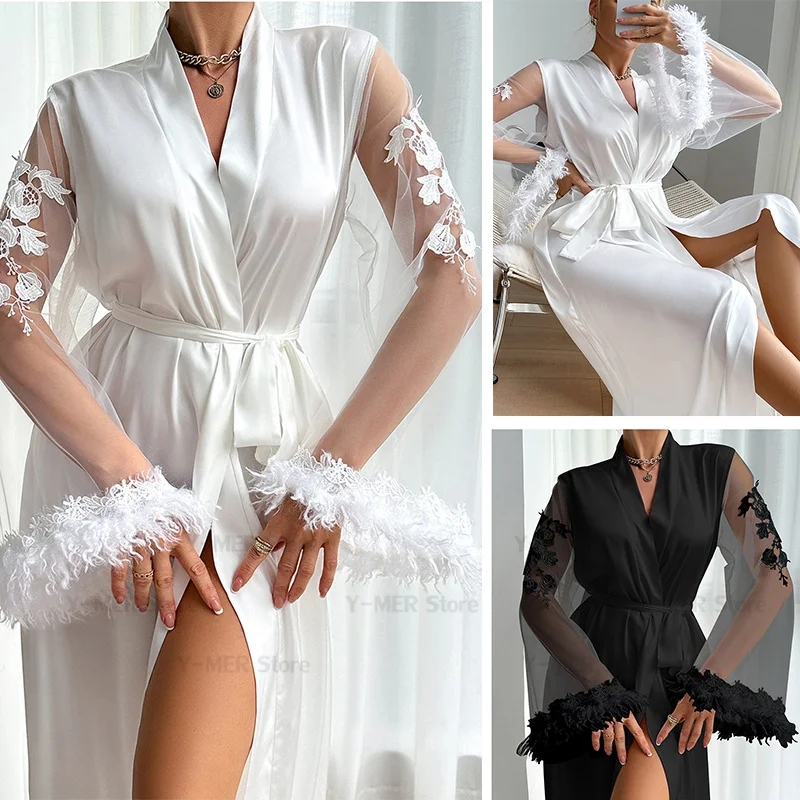 Big Sleepwear Robe Women Elegant Vestidos De Novia Bride Wedding Mesh Manga Larga Kimono Bathrobe Gown Lady Satin Loungewear