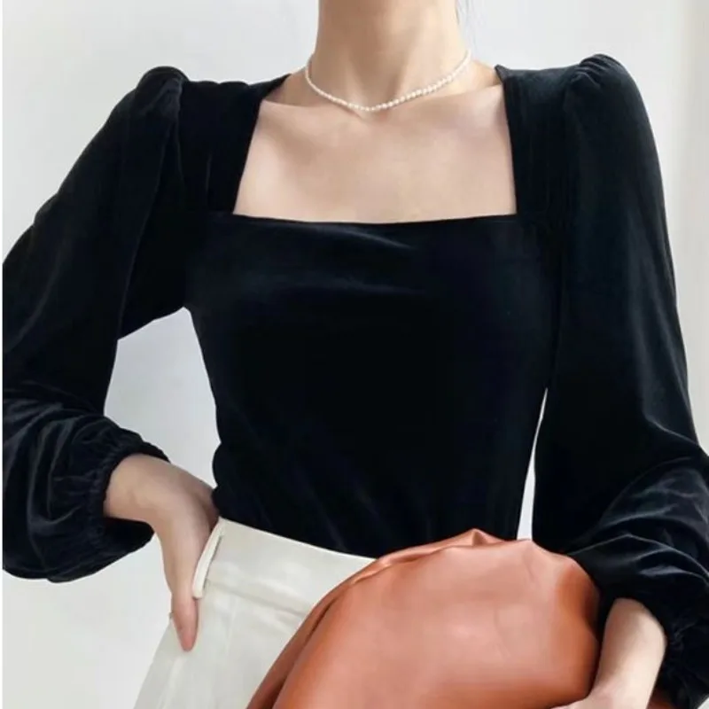 OCEANLOVE Velvet Puff Sleeve Blouses Women Tops Square Neck Vintage Elegant Blusas Mujer Solid Korean Fashion Chic Shirts