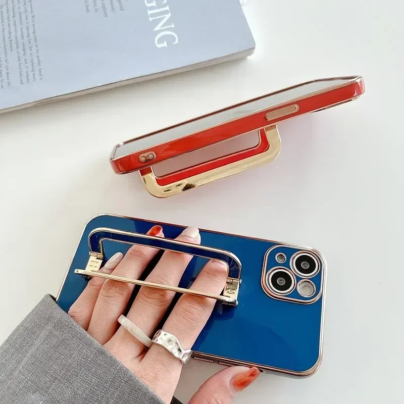 Gold Plating Phone Case, Korea Metal Square Holder, For Samsung S23, S24,S21, S22 Plus, Ultra ,For iphone 15,14 13 Pro max