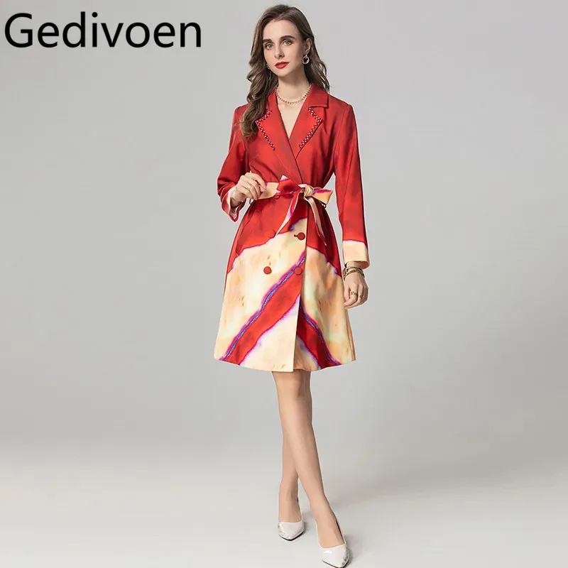 Gedivoen Autumn and winter New Style Coat Long-Sleeved Notched Double-breasted Lace-Up Slim Color Block Patchwork Overcoat