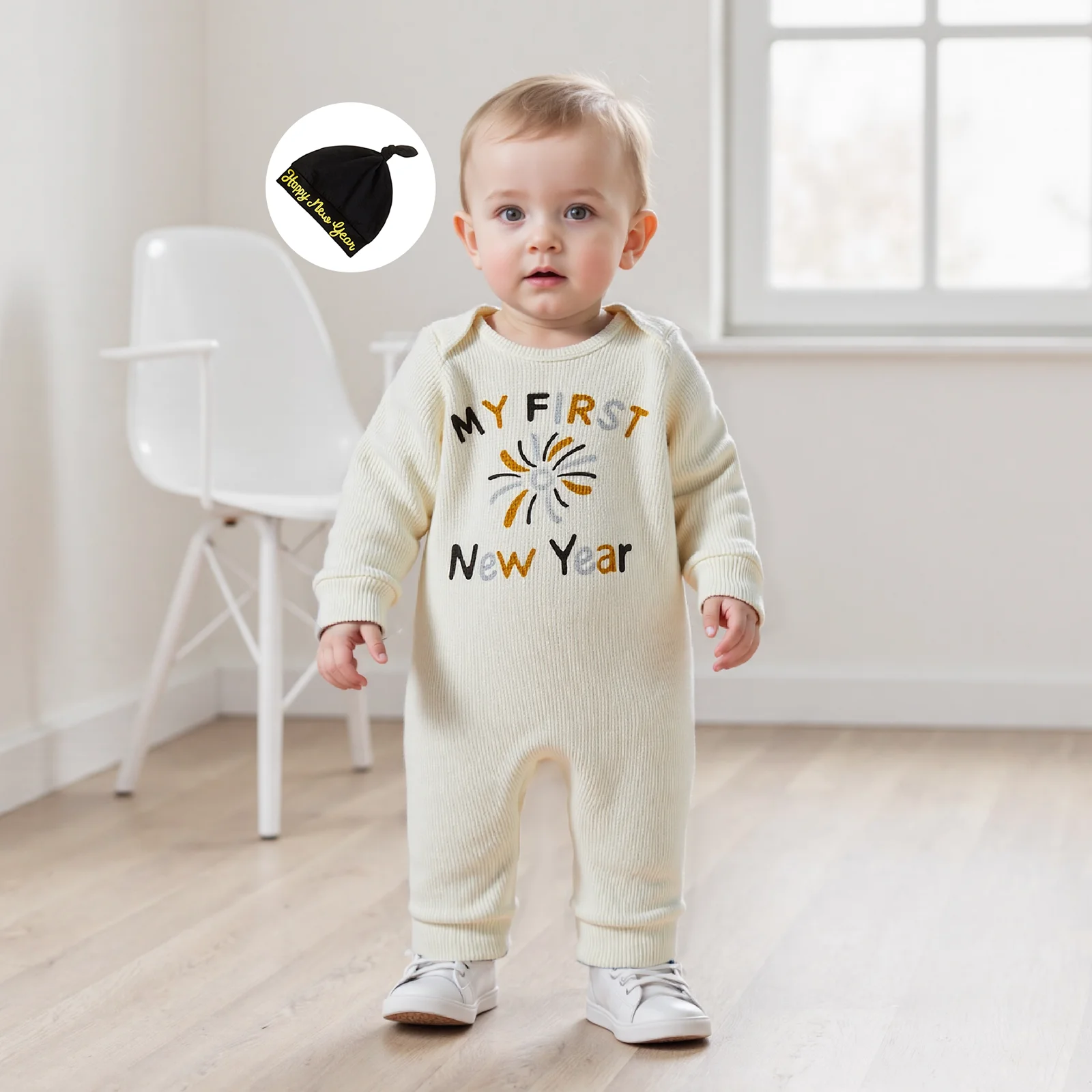 

Baby Boy My First New Year Romper Letter Print Long Sleeve Round Neck Full Length Jumpsuit with Hat