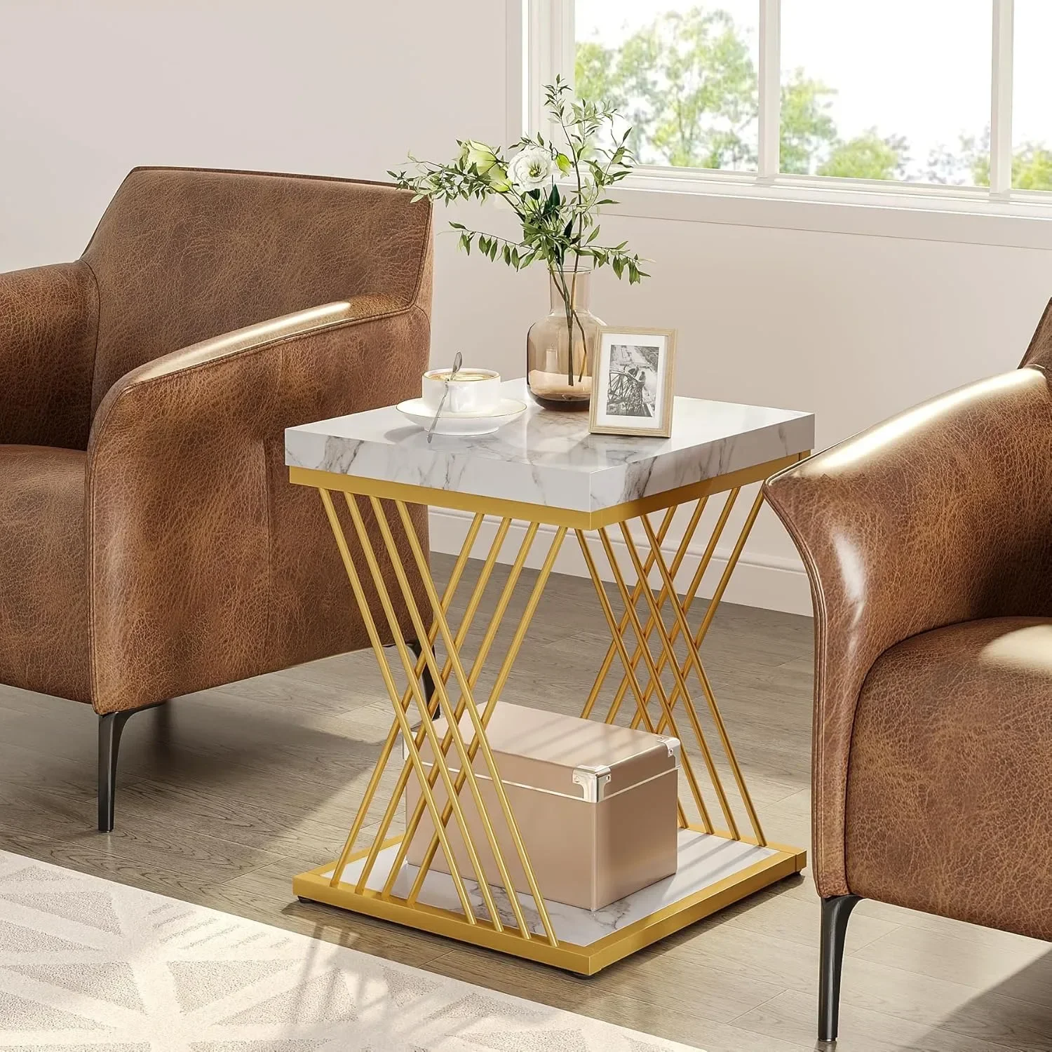 #Square End Table White Gold 2-Tier Side Table Modern Small Bedside Table with Storage for Couch ( Faux Marble White+Gold) image 3