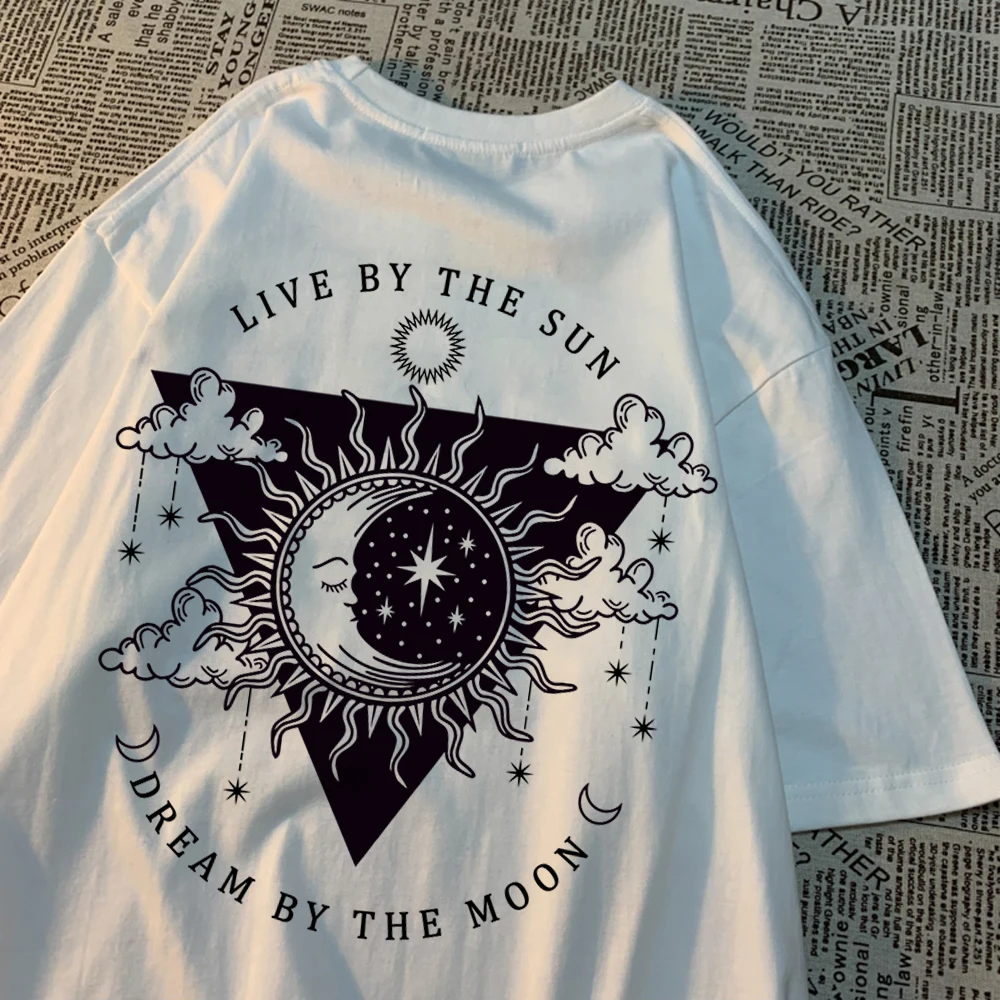 

Summer Men's Hip Hop Cotton Casual Letter Sun Moon Printed Round Neck Loose Short Sleeve Breathable T-shirt