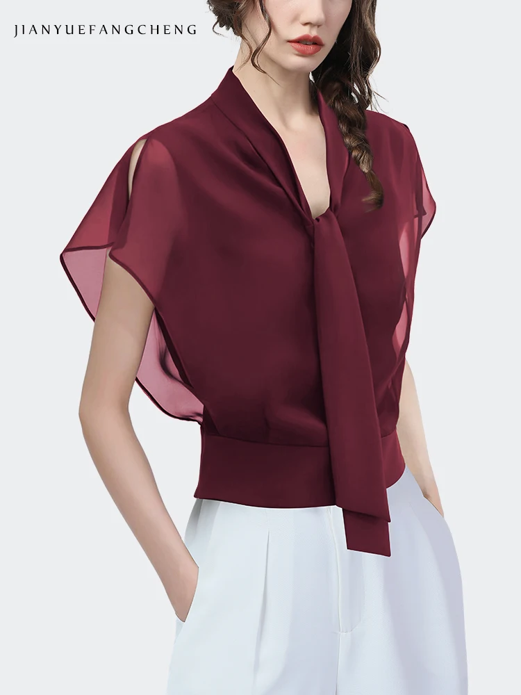 2024 Summer Chiffon Blouse Women Flowing Wine Red Lace Up Top Western Style Shirt Top Small Shirts Lightweight Thin Style