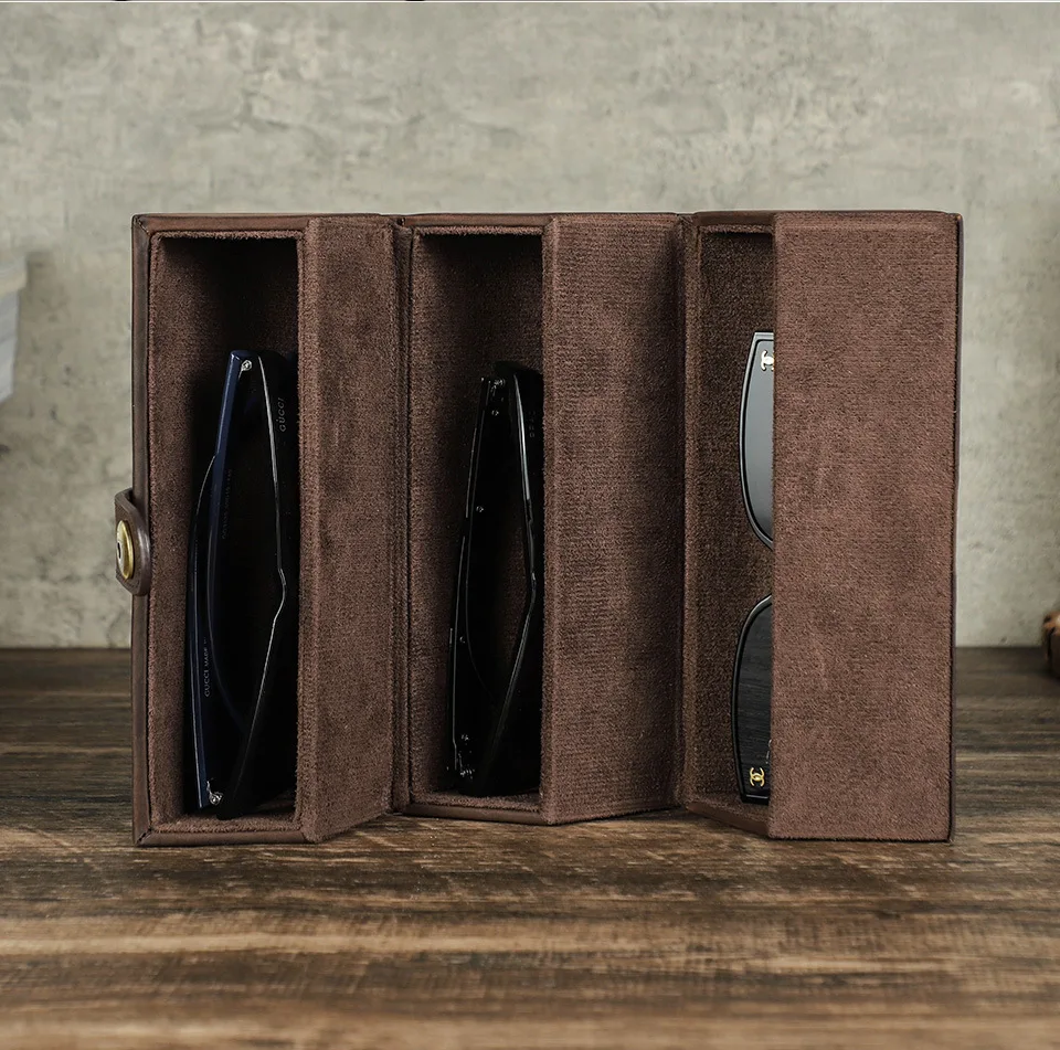 

Retro Crazy Horse PU Glasses Case Handmade Creative Cylindrical Outdoor Travel 3Grids Glasses Storage Box Wholesale