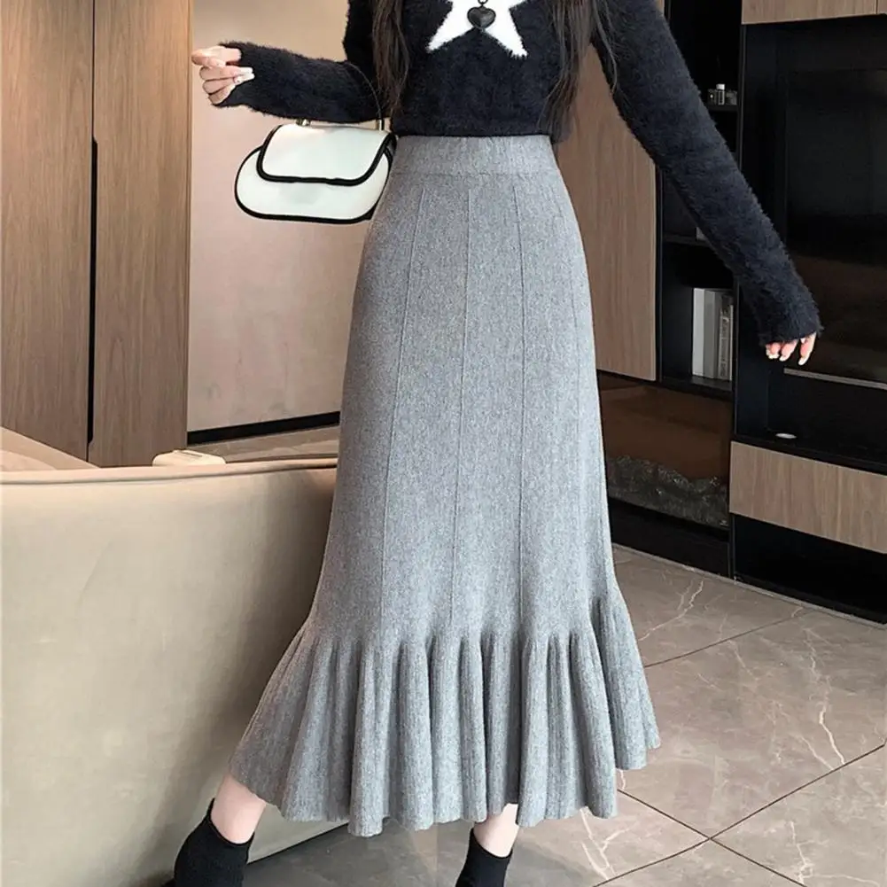 Hoch taillierter Damenrock, eleganter Strickrock mit hoher Taille und Rüschensaum, Hüftwickeldetail, Damen-Herbst-Winter-Midirock