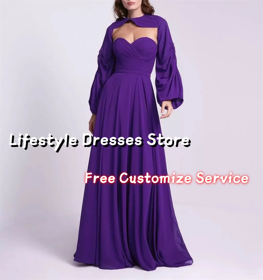 

Sweetheart Pleat A-Line Purple Prom Dresses Puff Sleeve Floor-Length Evening Dresses Party Gown vestidos para eventos especiales
