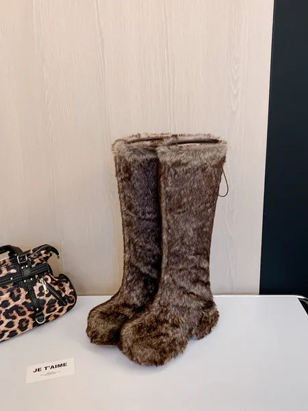 Fur Round Toe Knee-High Platform Winter Women Snow Boots Chunky High Heels Slip On Design Large Size Warm Shoes