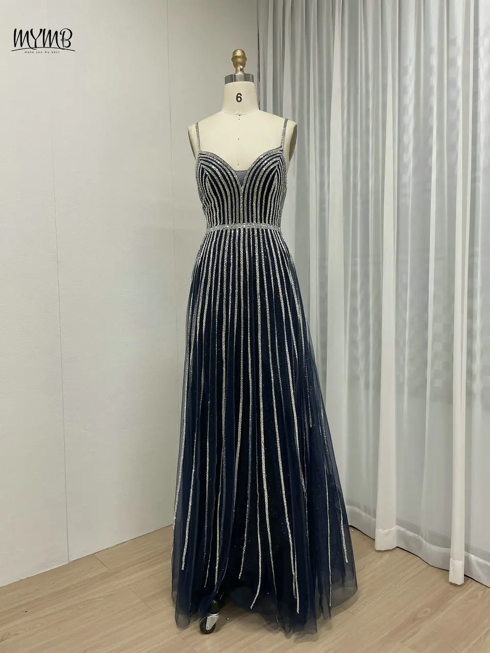 

MYMB Exclusive Spaghetti Straps A-Line Silver Blue Formal Occasion Dresses for Wedding Party Sexy Backless Evening Gala Gowns