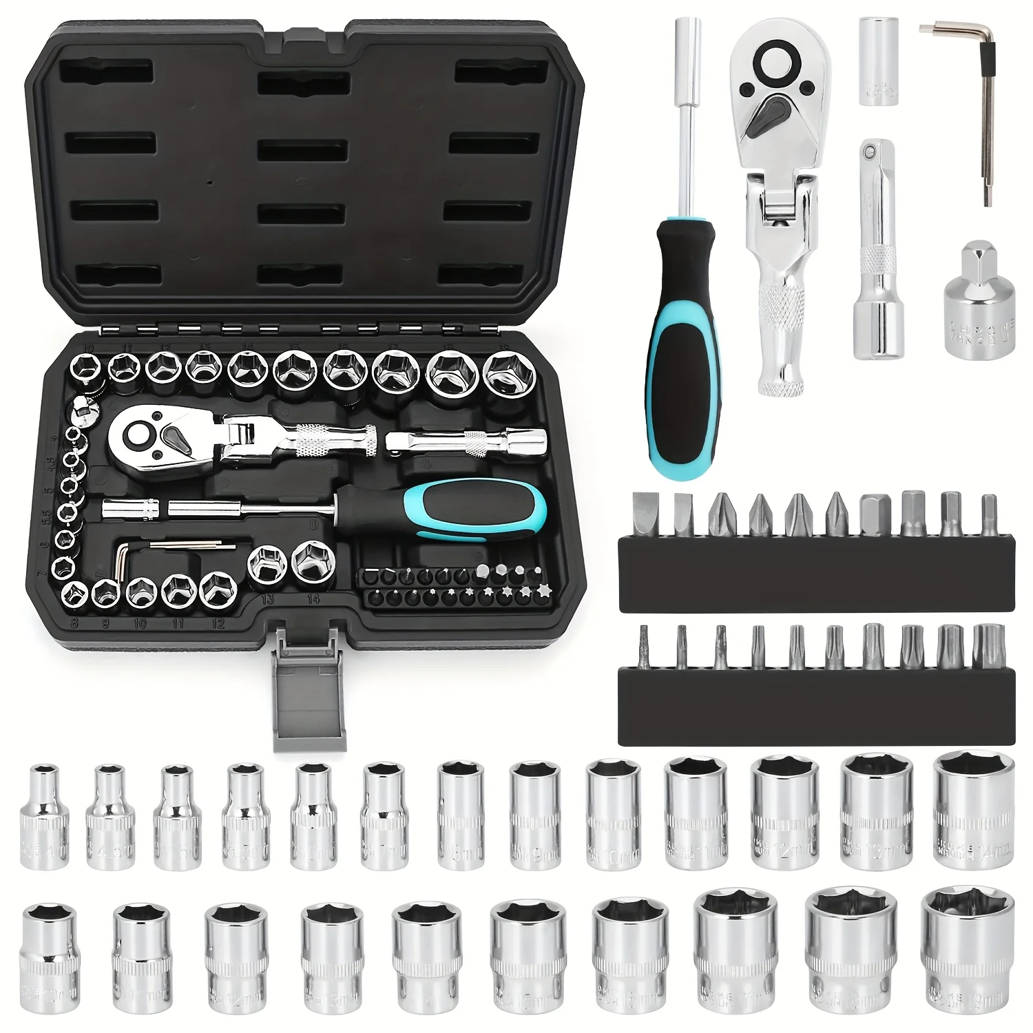 

Complete Automotive Tool Set – 1/4 Inch Drive Socket Wrench Kit with Hex Key & Screwdriver Bits for Car Repair Maintenance