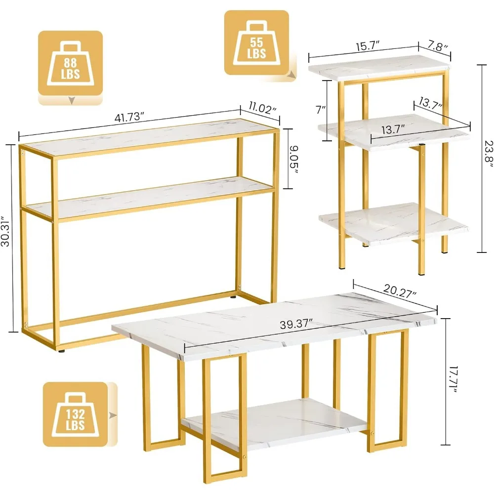 Salontafel Set, Woonkamer Tafel Set Van 3,Faux Marmeren Salontafel & 3-Tier & Console Met Opslag & Metalen Frame