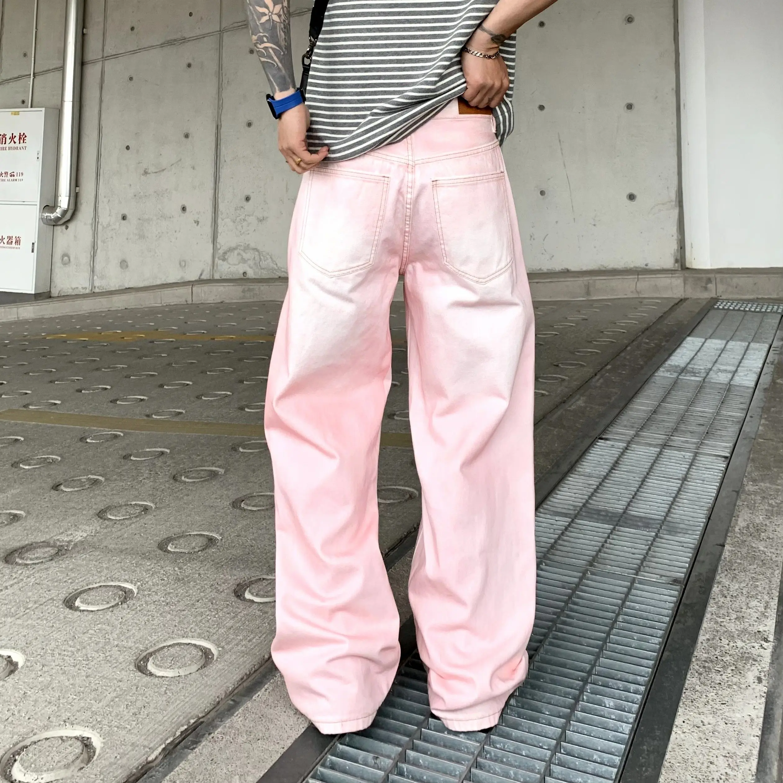 Calça jeans masculina rosa, perna larga, cor tingida, ajuste solto, algodão, jeans, masculina