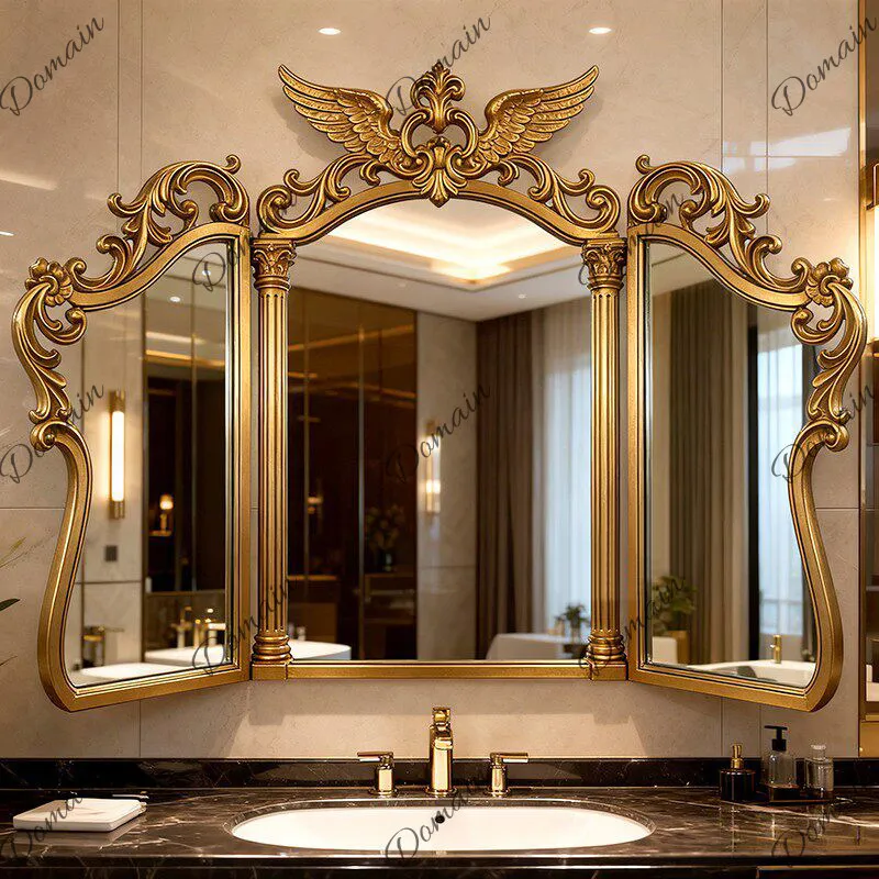 European retro tri-fold makeup mirror court carving old gold high-end wall-mounted three-sided bathroom mirror