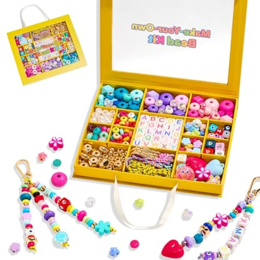 

DIY Keychain Making Kit with Big Beaded Keyring and Cord Craft Supplies in Colorful Chunky Letter Star Heart Beads for Personal