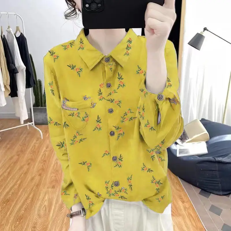 Cotton and Linen Floral Long Sleeved Shirt Women\'s Digital Printed Anti-aging Top Retro Base Shirt Shirt