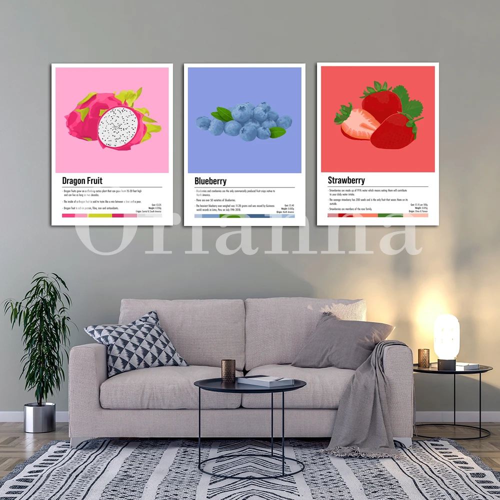 Aesthetic Fruit Print, Watermelon, Blueberry, Dragon Fruit, Orange, Kiwi, Strawberry, Lemon, Grapes, Banana, Kitchen Art Poster