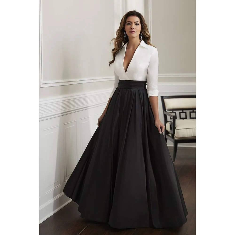 Black and White Evening Dress Long Sleeve V-Neck A-Line Floor Length Pleat Formal Occasion Graceful Women Dresses Prom Party