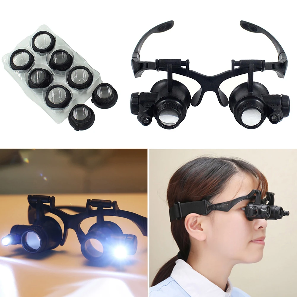 Magnifier Magnifying Glasses 10X 15X 20X 25X Dual Eye Jewelry With 2 LED Lights Loupe Lens For Watch Repair Dental Applications